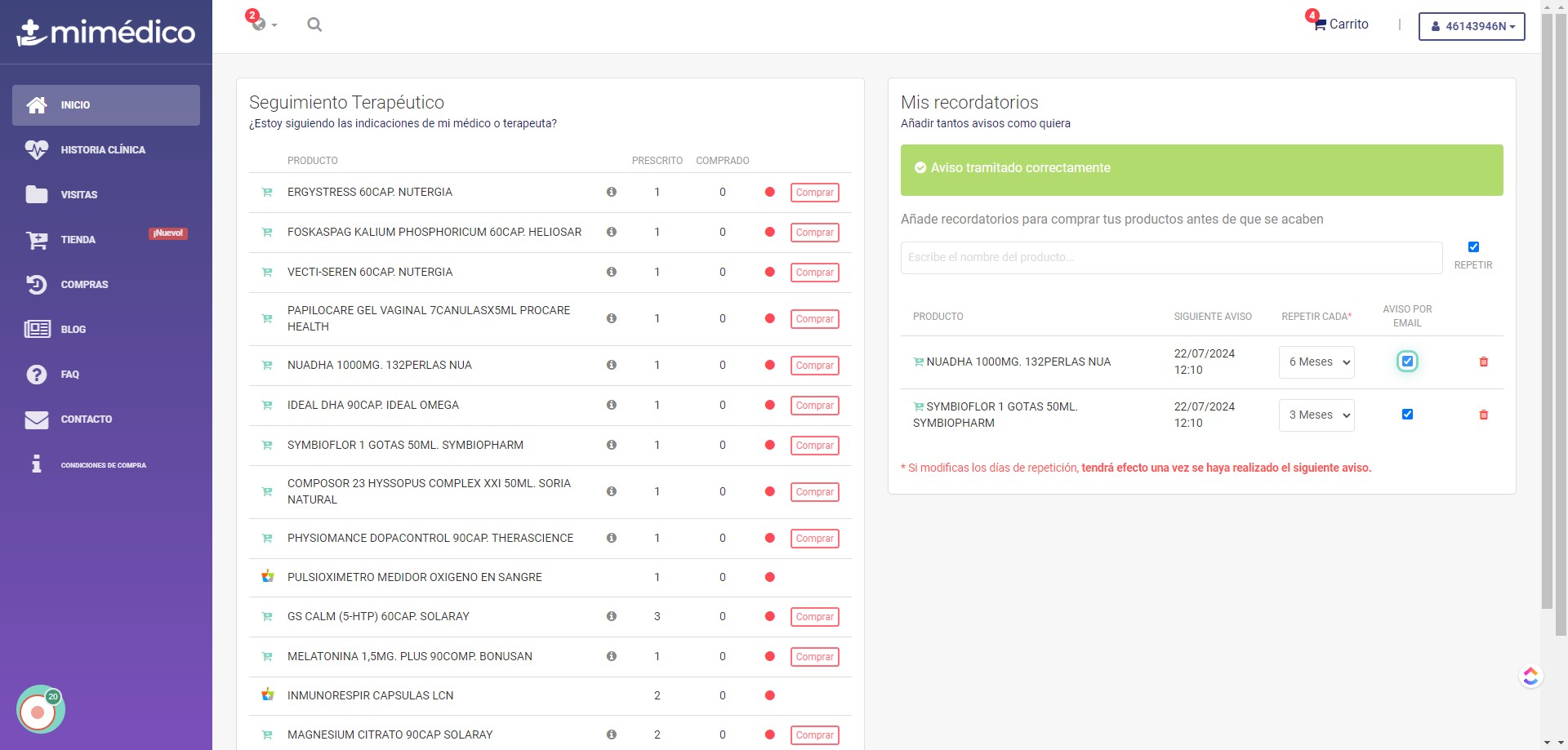 Podemos habilitar o deshabilitar el envío por e-mail del recordatorio